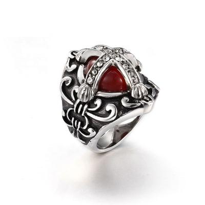 China New Vintage Hip Hop Style Cross Iced Out Luxurious Ruby Silver Stainless Steel Mens Ring for sale