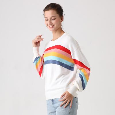 China Anti-Wrinkle Rainbow Intarsia Knitwear Ladies Knitted Lesure Sweater Color Block Pullover for sale