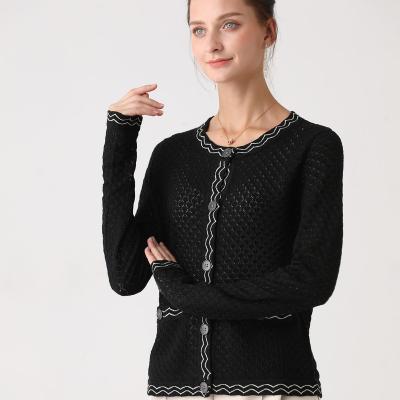 China Anti-Wrinkle Women Texture Knitwear Pointelle Sweater Pocket Cardigan for sale