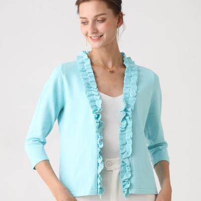 China Reversible Ruffle Cardigan Kniwear Hook & Eye Closure Open Sweater for sale