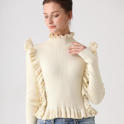 China Machine Washable 2021 Holiday Women Ruffle Triming Ribbed Pullover for sale