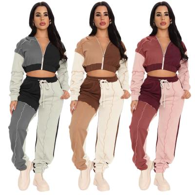 China Breathable Sports Sweatsuit Women Set Patchwork Elastic Zipper Hoodie Tracksuit Waist Two Piece Set for sale