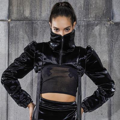 China New Anti-wrinkle Winter and Autumn Zipper High Neck Halter Buckle Belt Backless Women Bubble Crop Coat for sale