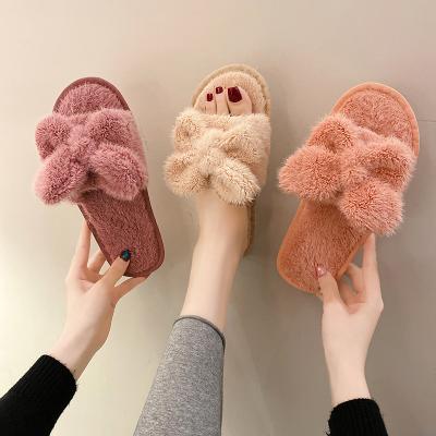 China Multi Color Fashion Trend Women's Fur Slippers Soft Warm Fur Slippers Casual Plush Bow Plush Casual Ladies Slipper for sale