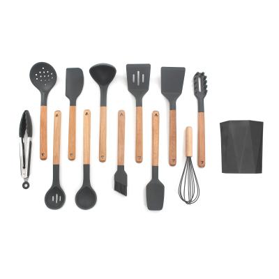 China Sustainable Premium Home Kitchen Handle 12 PCS Non-Stick Cookware Silicone Wooden Spatulas Set With Utensil Holder for sale