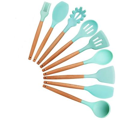 China Amazon 9PCS Sustainable Beech Wood Handle Silicone Nonstick Heat Resistant Cookware Sets For Kitchen for sale