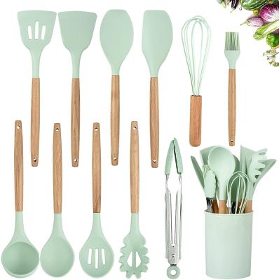 China 12 PCS New Silicone Soft Silicone Spatula Utensil Kitchen Sustainable Non-Stick Home Utensils Set With Wooden Handle for sale