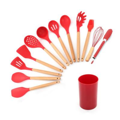 China Durable Heat Resistance Nonstick Kitchenware Red Silicone Kitchen Tools With Wood Handle Kitchen Utensil for sale