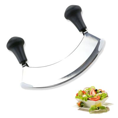 China Sustainable Salad Vegetable Stainless Steel Double Blade Tilting Mezzaluna Knife With 2 Button Handles for sale