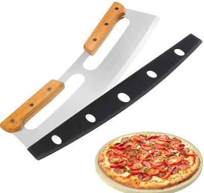 China Durable custom made sharp blade stainless steel pizza knife cutter large 14 inch pizza cutter pizza rocker cortador with wooden handles for sale