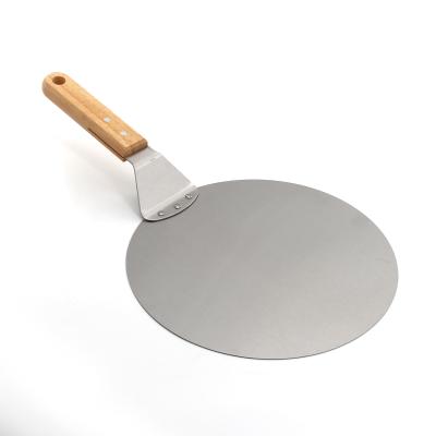 China Sustainable 10 Inch Stainless Steel Wooden Handle Pizza Peel Large Metal Round Pizza Paddle Spatula Tray For Homemade for sale