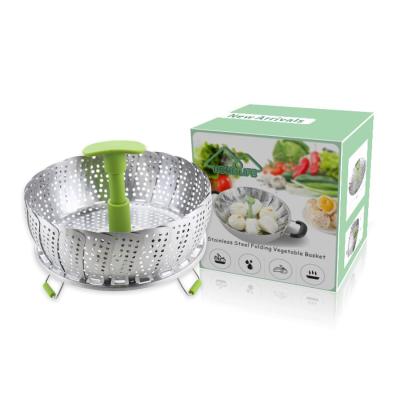 China Sustainable Hot Selling Amazon Handle Commercial Fordable Stainless Steel Plastic Food Vegetable Steamer For Egg Food for sale