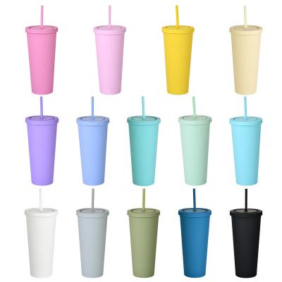 China Eco-Friendly 24oz Colored Acrylic Reusable Cups Double Wall Matte Plastic Tumblers With Lids And Straws for sale