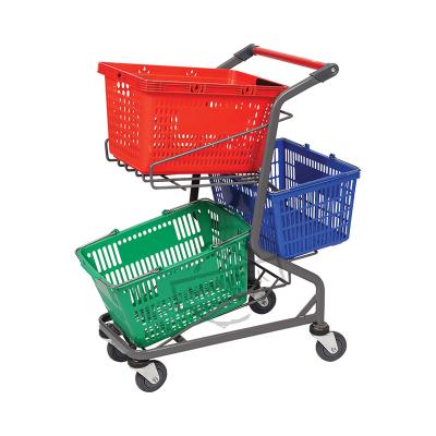 China Popular Three Layers Metal Basket Double Supermarket Shopping Handing Push Carts for sale