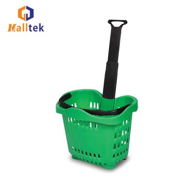 China Customized Handle Rolling Supermarket Shopping Trolley Easy-Carry Telescopic Basket With Two Wheels for sale