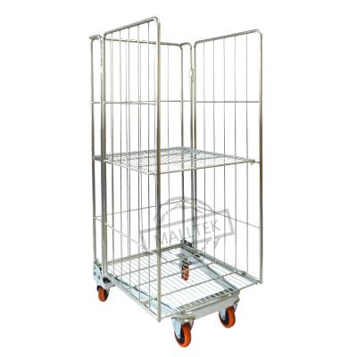 China Foldable Industrial Steel Wire Mesh Roll Pallet 3 Sides Metal Storage Trolley for sale