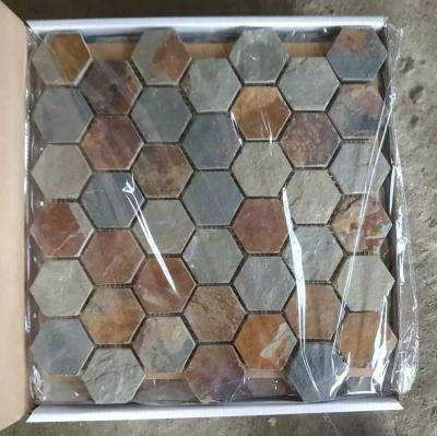 China Slate Hexagon Mosaic Rust Slate Wall Mosaic Multicolor Slate Floor Mosaic Slate Tiles Parquet for sale