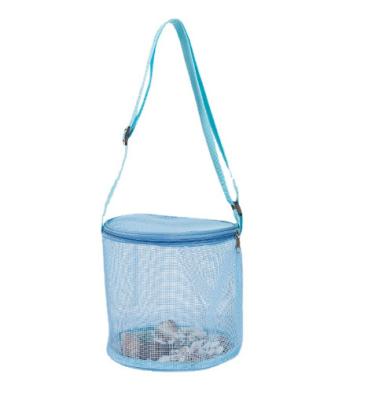 China Casual Mesh Beach Bag For Kid Shell Collecting Bag Round Bucket Kids Toy Organizer Net Zipper Adjustable Shoulder Strap Storage Pouch for sale