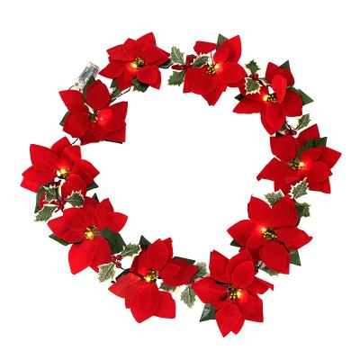 China Fabric LED String Lights Christmas Flower Garland Artificial Poinsettia Flower For Home Fireplace Decor Christmas Tree Ornaments Garland for sale