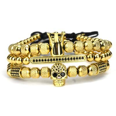 China Hip Hop Vintage Crown Ghost Head Roman Letter Stainless Steel Skull Braided Bracelet Set for sale