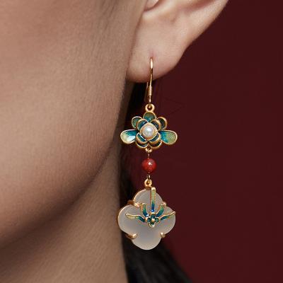 China FASHIONABLE Handmade Oriental Classic Painted Earrings Lotus Tassel Jade Enamel Earrings for sale