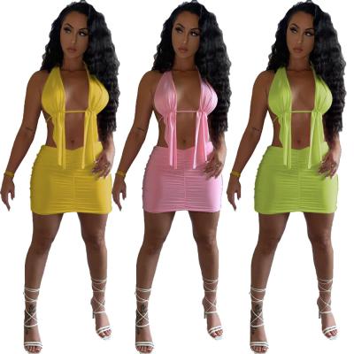 China 2022 Summer Viable Skirts Sets For Women Ladies Halter Backless Bras Skirts Two Piece Suits Candy Color Fashion Outfits for sale