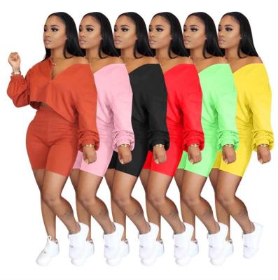 China Sustainable Wholesale Fashion Womens Casual Long Sleeve Womens Shorts Joggers Suits Two Piece Cropped Set for sale