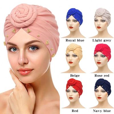 China Wholesale Casual Muslim Women Beading Wrap Head Dish Flower Headcloth Ethnic Female Girl Basing Turban Headscarf Hijab Hat for sale