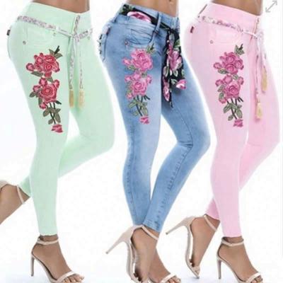 China 2022 Viable 5XL Women Stretch High Waist Embroidery Jeans Floral Print Denim Pants Skinny Pants Women Pencil Pants Plus Size for sale