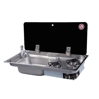 China Hot Sales Car RV Cooker Gas Built-in 2 Burner Camping Gas Stove With Sink With Lid for sale