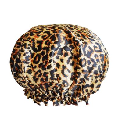 China Sustainable Leopard Print Waterproof Double-Layer Satin Recyclable Environmentally Friendly Shower Cleaning Cap for sale