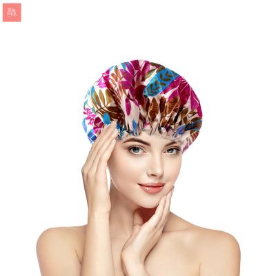 China Double Layer Waterproof Reusable Polyester Viable Stain Printed Raincoat Shower Hat for sale