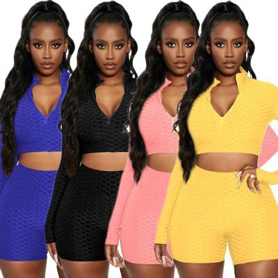 China Anti-Static Custom Made Women's Bluey Drop Sweater 2 Piece Shorts Set Two Piece Yoga Women's Long Sleeve Set for sale