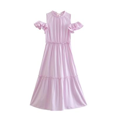 China Breathable Elastic And Ruffled Long Dress With Collar And Backside Bandage Support Shoulder Spring Hollow Women Summer Dresses for sale