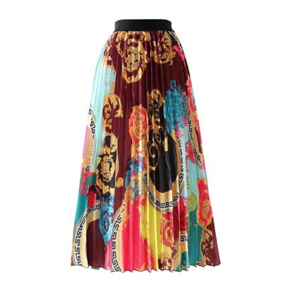 China Breathable Folk Print Summer Pleated Skirts Womens 2022 European High Waist Stretch Midi Floral Skirt High for sale