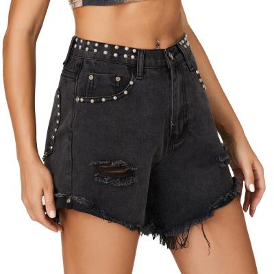 China 2022 Women's Waterproof Summer Shorts Jeans Casual Black Distressed Hot Shorts Ripped High Waist Denim Shorts for sale