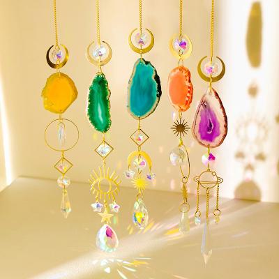 China Art Deco Indoor Decor Natural Crystal Prism Wind Chime Moon Evil Eye Agate Sun Catcher with Gemstone Ornament for sale