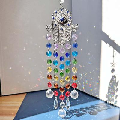 China Art Deco Colorful Faceted Crystal Hamsa Blue Hand Evil Eye Chandelier Prism Sun Catcher Rainbow Hanging Decor for sale