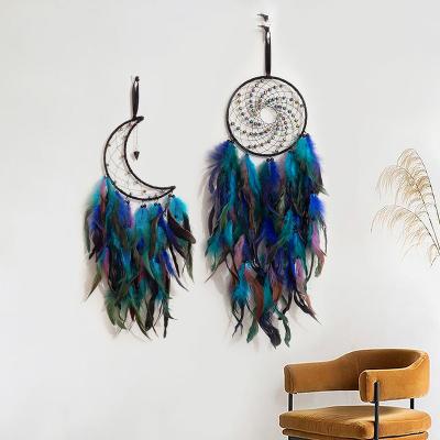 China Art Deco Boho Bedroom Wall Hanging Feather Crystal Led Dream Catcher Stone Moon Accessories Handmade Decor For Kids for sale