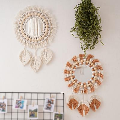 China Art Deco Boho Macrame Handmade Yarn Fringe Round Bathroom Wall Mirror Leaf Hanging Decorations For Home Living Room for sale