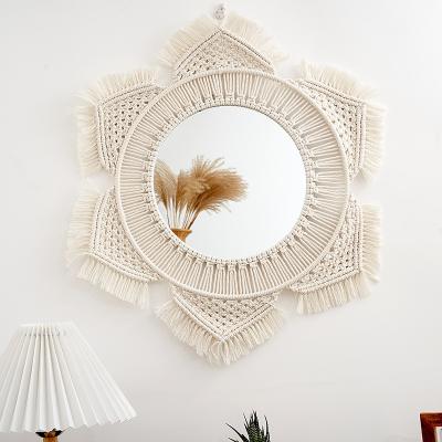 China Art Deco Nordic Woven Rope Macrame Fringe Round Wall Hanging Boho Bathroom Reflects Home Decor Luxury for sale