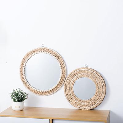 China Art Deco Boho Round Hanging Straw Rattan Bead Round Wicker Mirror framed wall makeup mirror for bedroom bathroom for sale