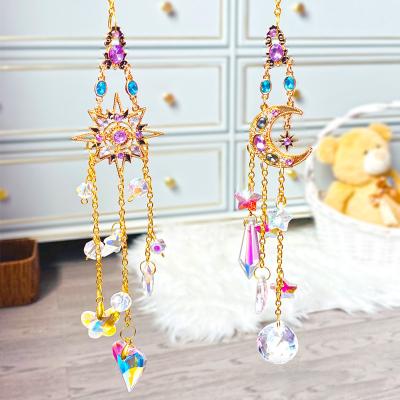 China Art Deco Handmade Rainbow Rhinestones Stained Glass Crystal Sun Catcher Wind Chime Moon Decorations for Home for sale