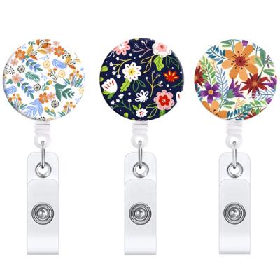 China Acrylic Floral Retractable Reel Rope Badge ID Holder Badge Series With Clip for sale