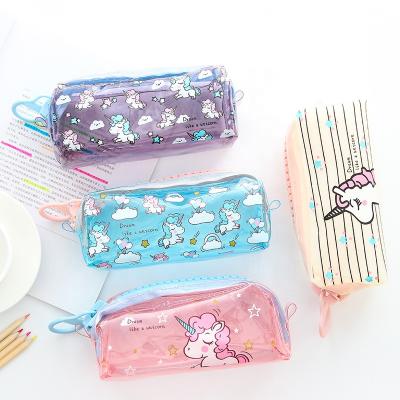 China Schools & Offices Cartoon Transparent Unicorn PVC Pencil Case Bag With Big Zipper for sale