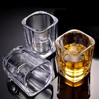 China 1.5oz 2oz Square Modern Fancy Design Liquor Vodka Alcohol Shot Glass With Acrylic Stand for sale