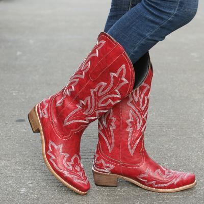 China Fashion Trend Xinzirain Customize Logo Small MOQ Thick Wide Axle Boots Western Fashion Heel Cowboy Embroidered Retro Leather Shoes Boots for sale