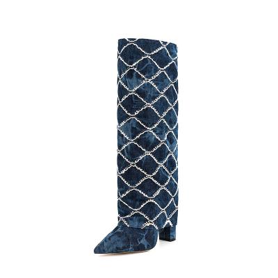 China Other high heel Blue Velvet Customizable Chain Toe Wide Shaft Denim Boots with stitched details for artistic elegance for sale