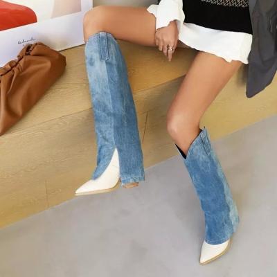 China Xinzirain Round Custom Wide Axle Led Toe Denim Materials Upper Women Knee High Boots Chunky Heel Slip On Fashion Winter for sale