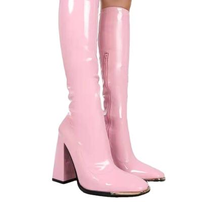 China Other Square Custom Head Chunky Pink High Heels Chunky Pink High Heels Cross Xinzirain Stain Chunky Leather Plus Size Knee High Boots for sale